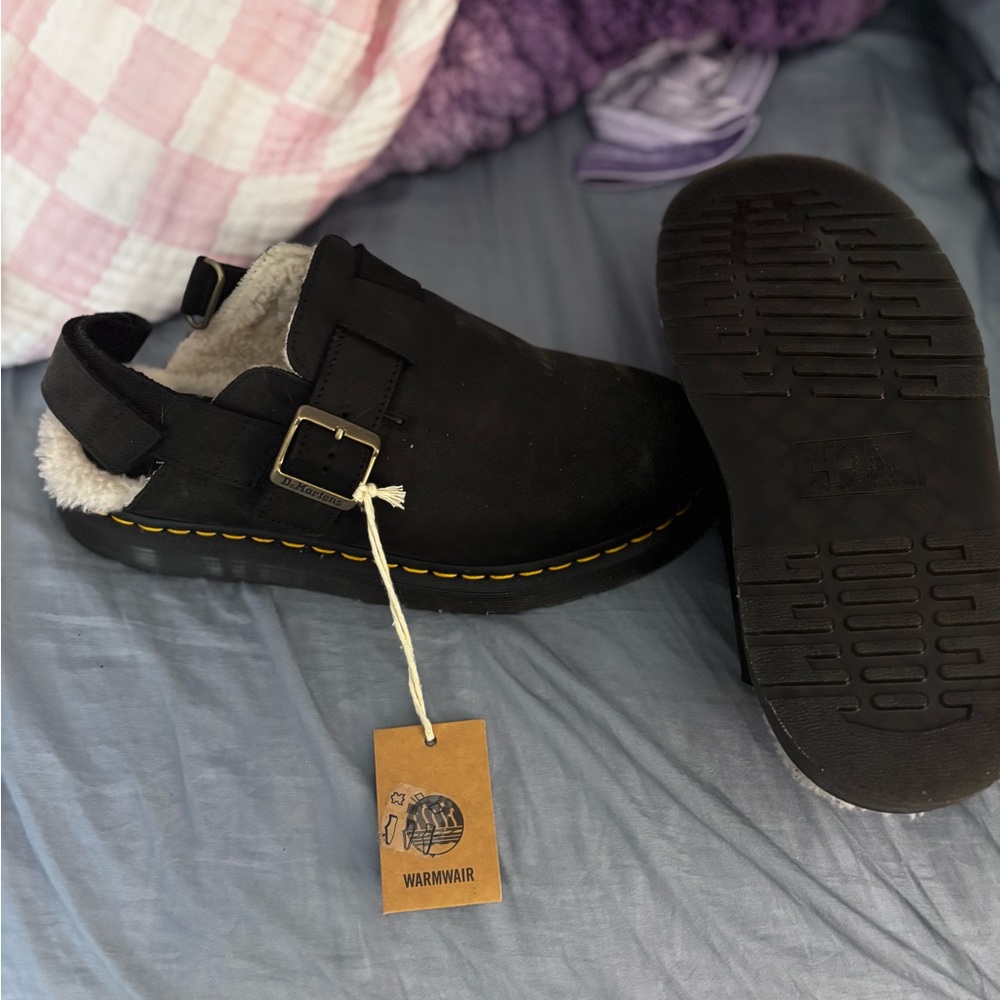 Dr. Martens Black Suede Shearling-Lined Clog Mules with Yellow Stitching